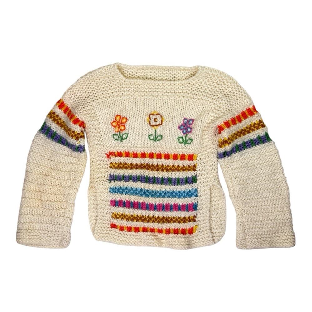 Vintage Girls Hand Knit‎ Rainbow Flowers Pullover Sweater Homemade Est. 10/12?